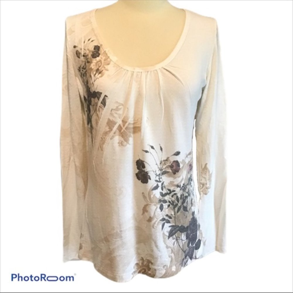 Suki Jones Top Floral L Knit White Tan Grey Pink